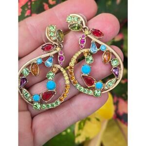 RARE Carolee Vintage Multi Color Rhinestone Gold Tone Dangle Statement Earrings
